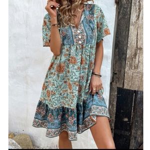 Boho floral print tie neck dress